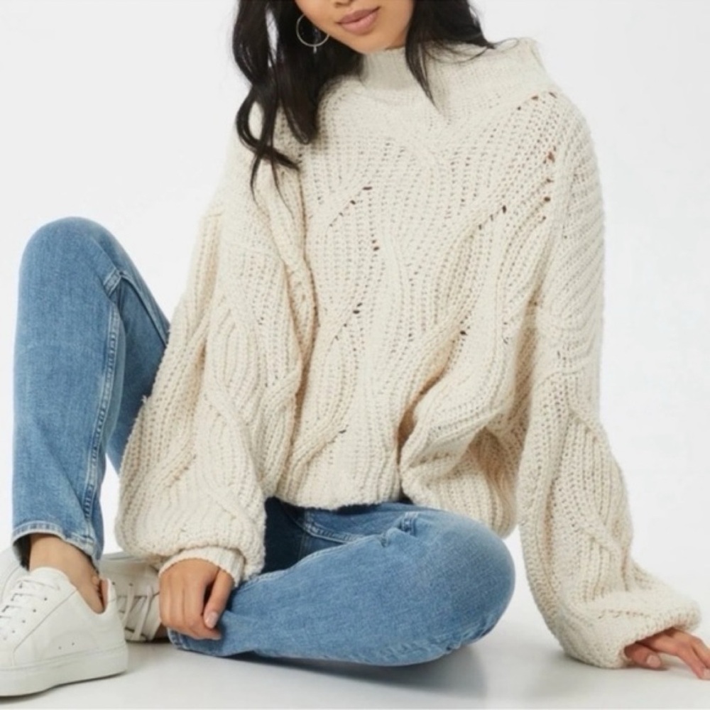 Free People Seasons Change Cable Turtleneck Balloon Sleeve Sweater, S - Picture 4 of 14